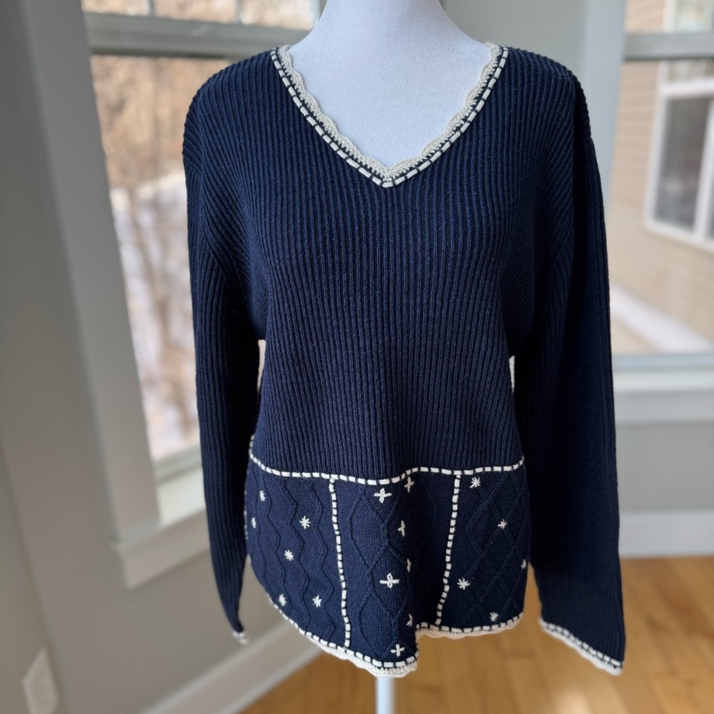 Vintage Christopher & Banks Navy Blue Hand Embroidered Cotton V Neck Sweater L
